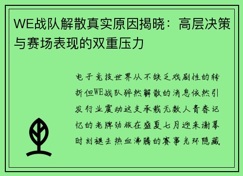 WE战队解散真实原因揭晓：高层决策与赛场表现的双重压力