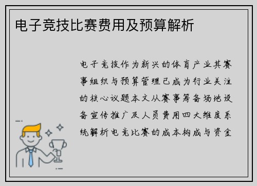 电子竞技比赛费用及预算解析